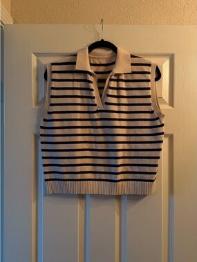 Striped Sleeveless Collared Knit Top - Navy & Cream